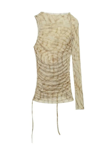 Yipinpay Print Mesh Top Female Tulle Off the Shoulder Long Sleeve Top Woman Asymmetric See Through Tops For Women Chic Woman Blouse